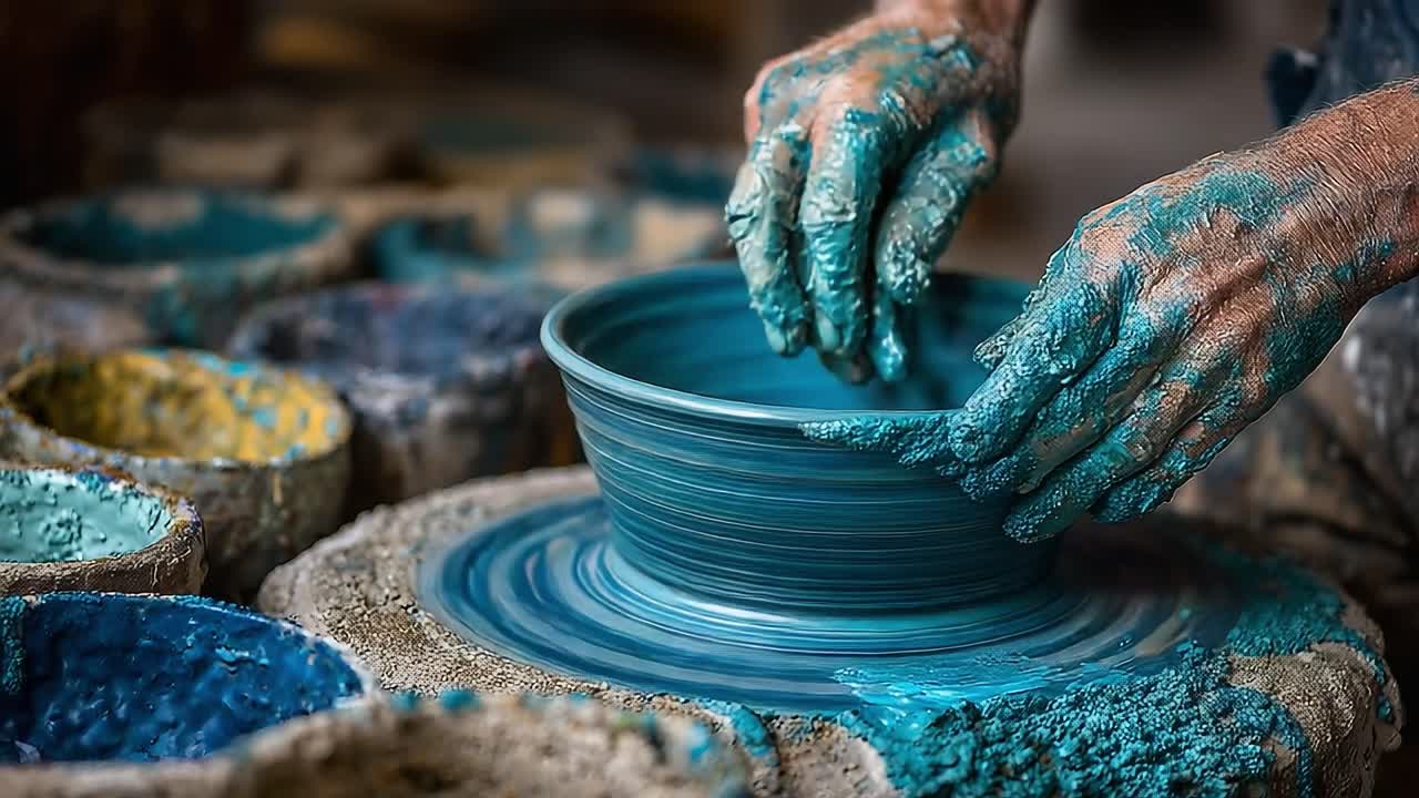 Craftsman Skillfully Shapes a Beautiful Pottery Bowl on a Wheel Surrounded by Vibrant Colored Materials, Showcasing the Artistry of Handcrafted Ceramics