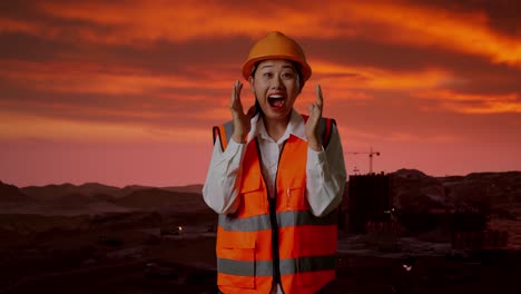 trabajador de la construcción expresando emoción en un sitio de construcción durante el amanecer o la puesta del sol