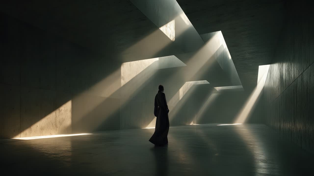 A solitary figure stands in a minimalistic, shadowy space illuminated by dramatic beams of light, showcasing an interplay of geometry and solitude in a captivating architectural environment