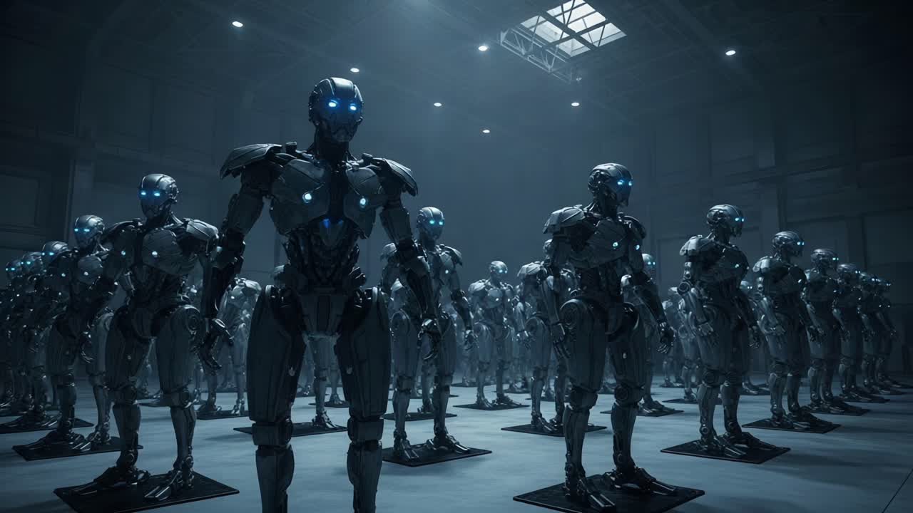 A futuristic assembly of humanoid robots stands in a vast industrial space, illuminated by dim light, showcasing advanced technology and design in a mesmerizing scene