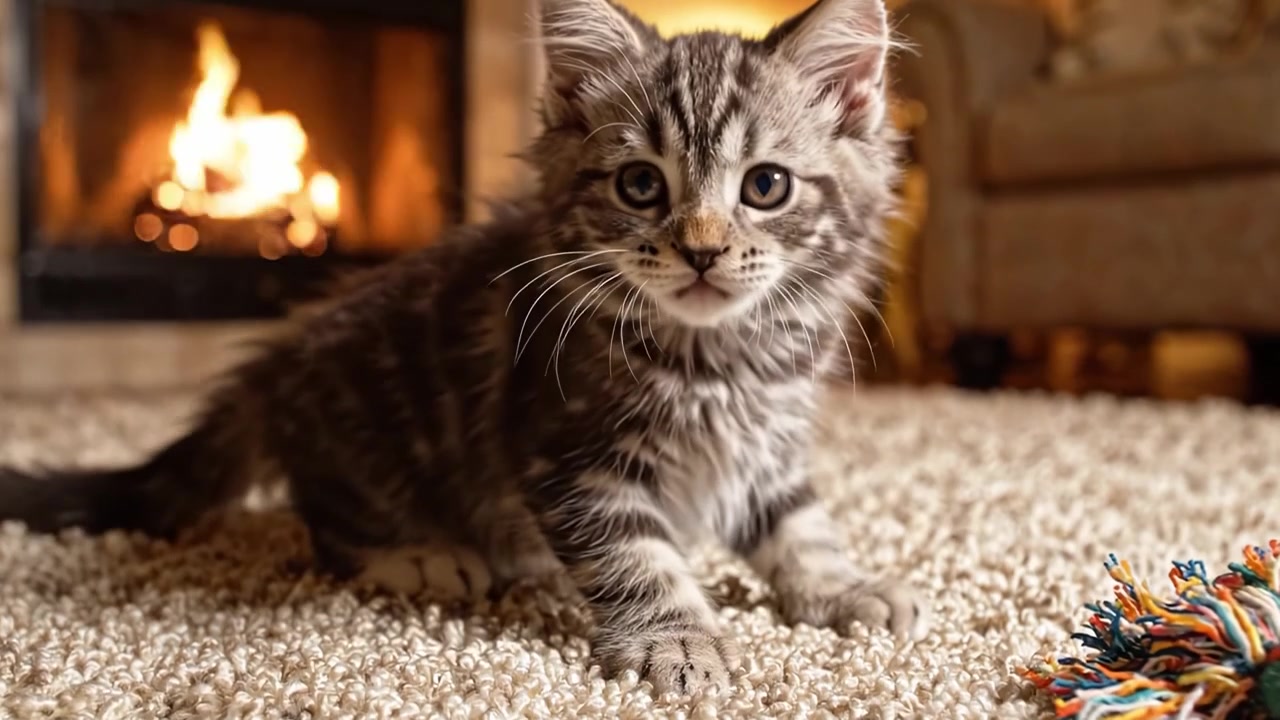 Adorabile Gattino Gioca Vivacemente con un Giocattolo Colorato su un Morbido Tappeto Davanti a un Caldo Camino, Mettendo in Mostra la Sua Curiosità e Giocosità