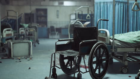 interior abandonado y destruido del hospital con sillas de ruedas vacías y camas rasgadas