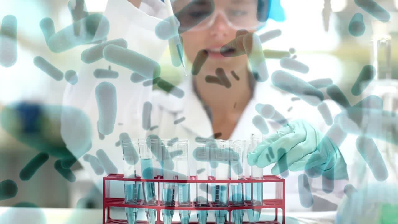 animación de células sanguíneas sobre una investigadora caucásica poniendo líquido en tubos de ensayo usando un gotero