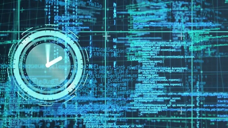 Animation of digital clock and programming language and grid pattern over black background