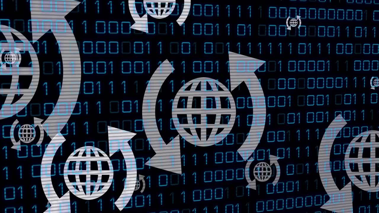 Animation of arrow around globes over looping binary codes against black background