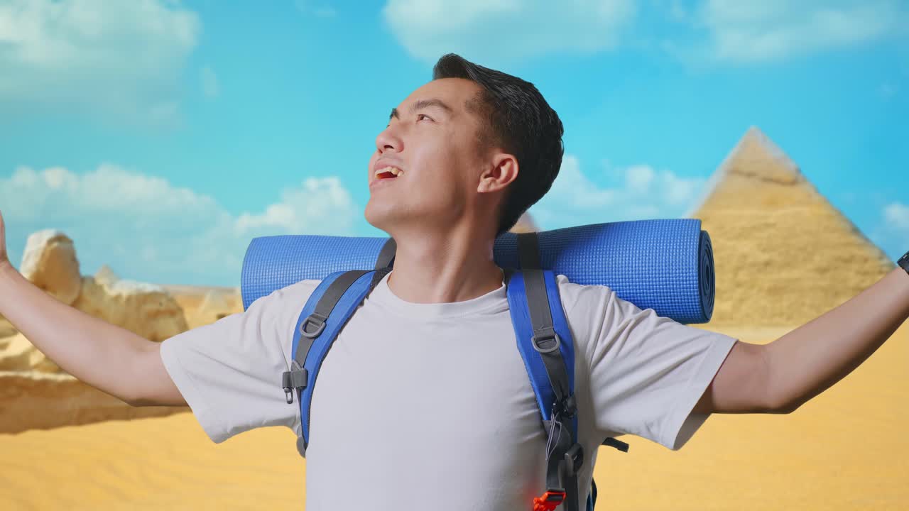 Happy Traveler in front of the Pyramids