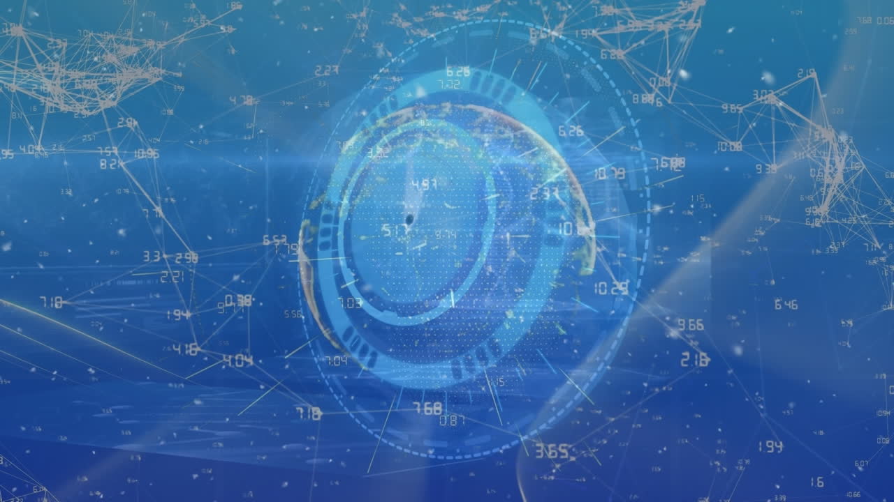 파란색 배경에 대한 둥근 스캐너와 연결 네트워크에 대한 시계의 애니메이션