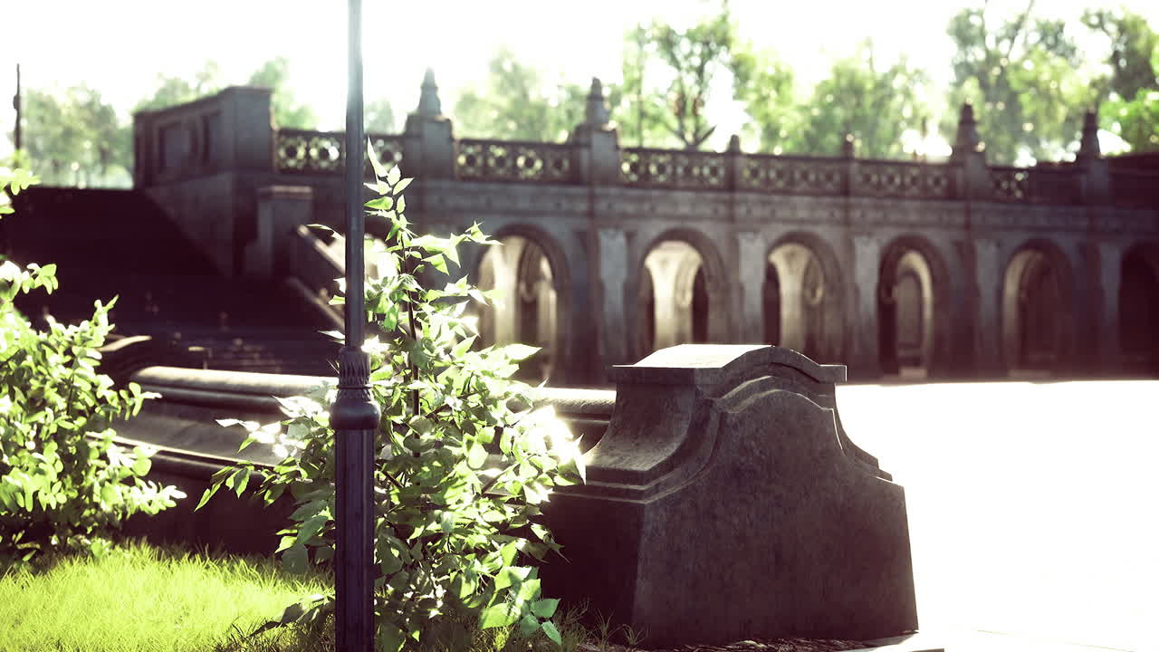 Quiet garden pathway surrounded by lush greenery and historic architecture