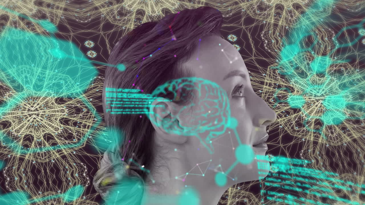 procesamiento de datos médicos sobre la mujer contra un fondo caleidoscópico