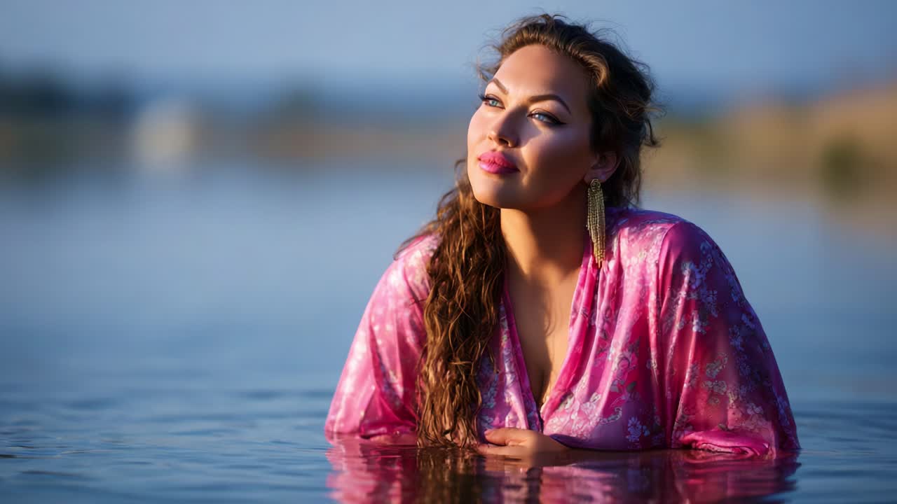 Un momento sereno capturado por el agua, que muestra a una mujer con una bata rosa, que irradia belleza y tranquilidad en un entorno natural reflexivo y apacible