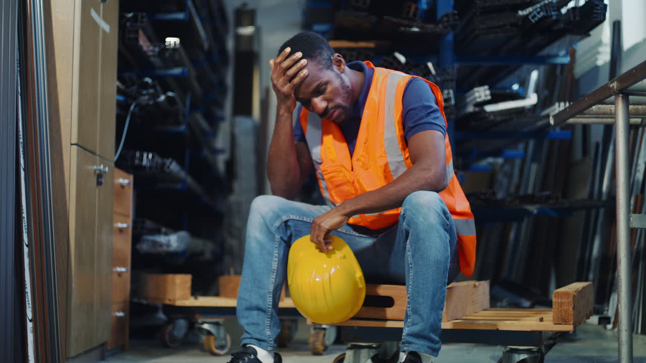 Trabalhador afro-americano sentindo-se sobrecarregado e cansado, fazendo uma pausa do estresse extremo do trabalho e da exaustão