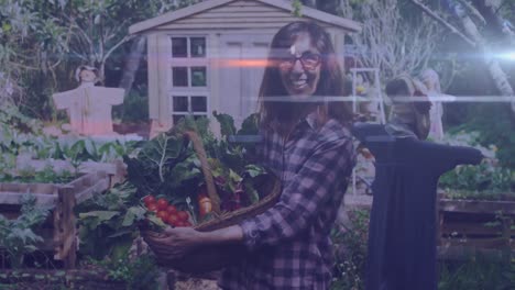 Pruebas-De-Luz-Contra-El-Retrato-De-Una-Mujer-Caucásica-Con-Una-Canasta-Llena-De-Verduras-En-El-Jardín.