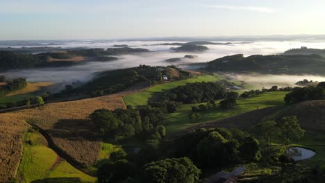 Luftaufnahme-Von-Ackerland-Bei-Sonnenaufgang-Unter-Schönem-Morgennebel