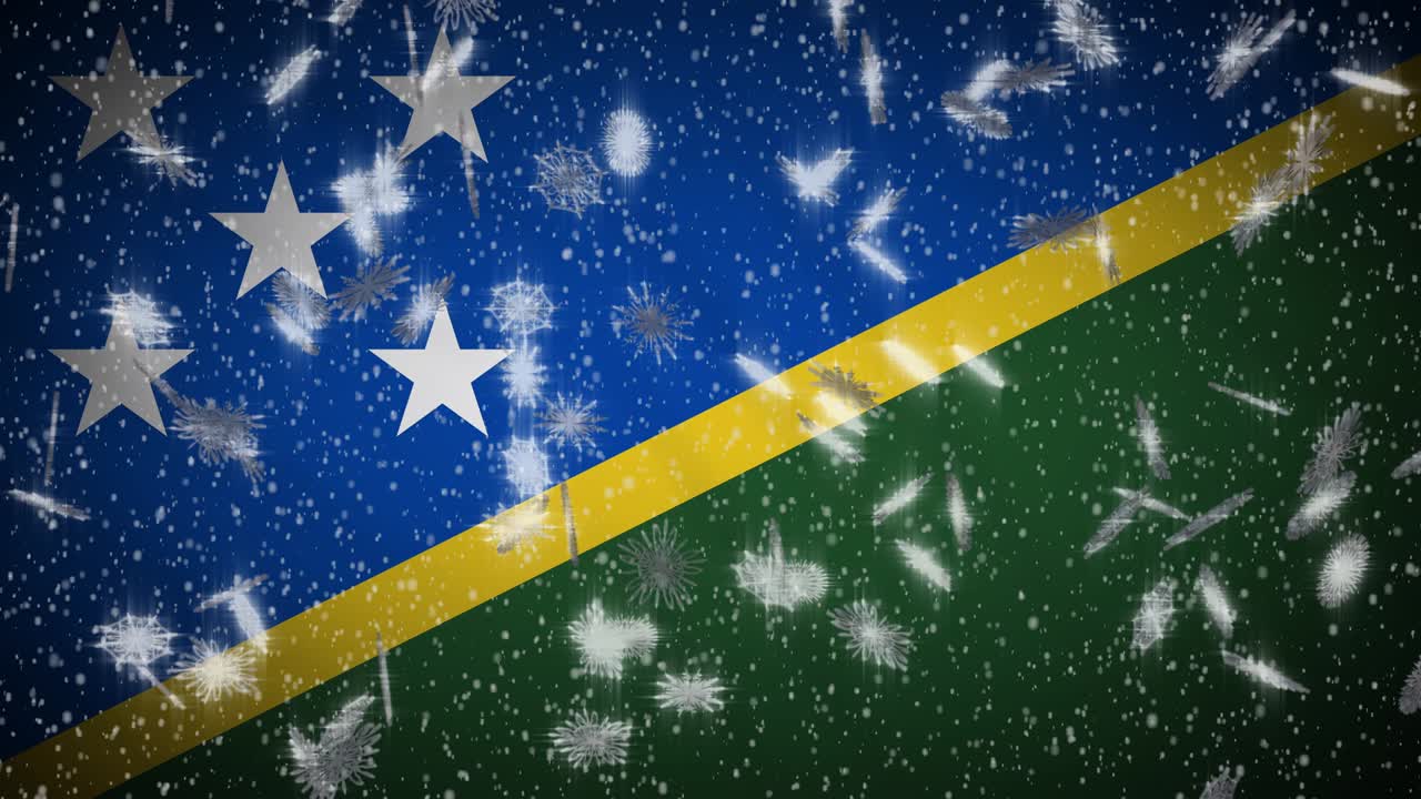 Solomon Islands flag falling snow loopable, New Year and Christmas background, loop
