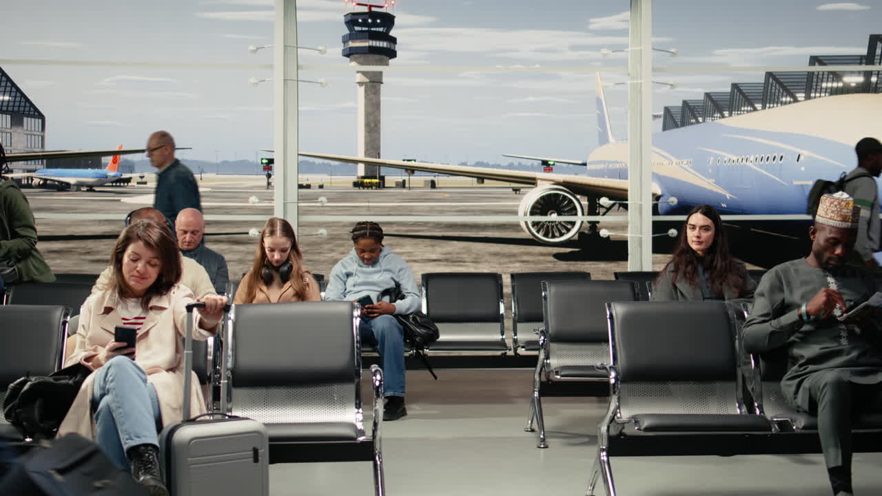 Mann støter borti kvinne mens han skyver en tralle, navigerer på en overfylt flyplass