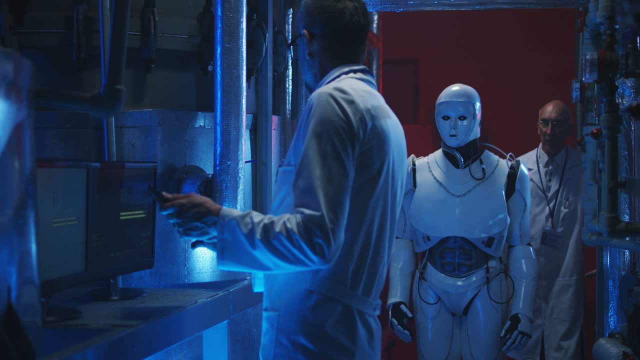 Scientists and a Robot in a Laboratory