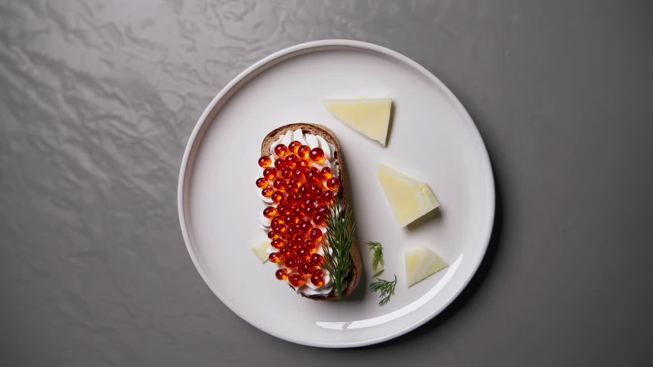 Gourmet open-faced sandwich topped with vibrant salmon roe, fresh herbs, and cheese, elegantly presented on a white plate against a textured gray background