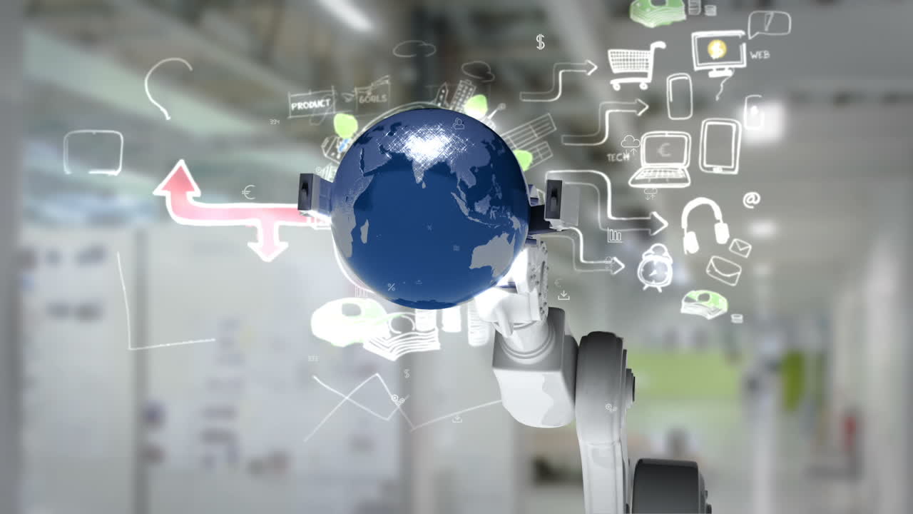 로 손은 다양한 아이콘으로 둘러싸인 지구를 제시합니다.