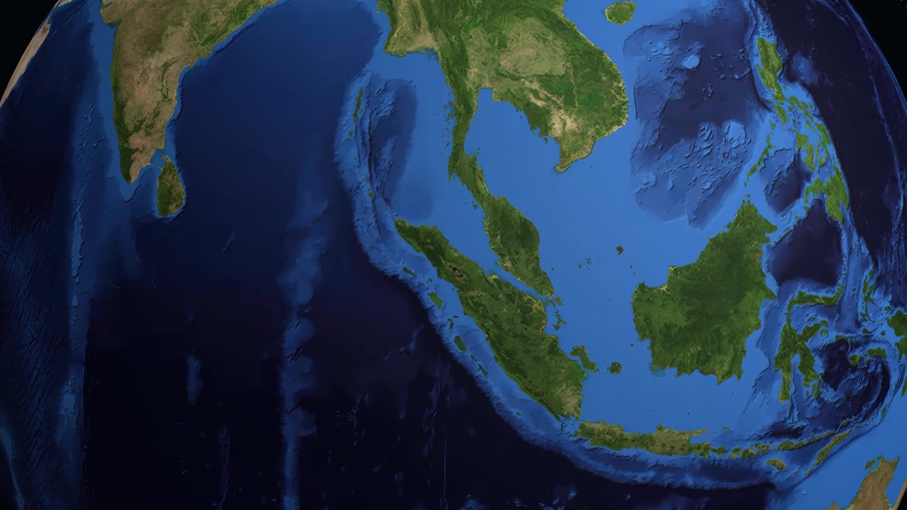 Un'animazione digitale zooma dallo spazio su Medan, Indonesia, mostrando le statistiche sulla popolazione locale.