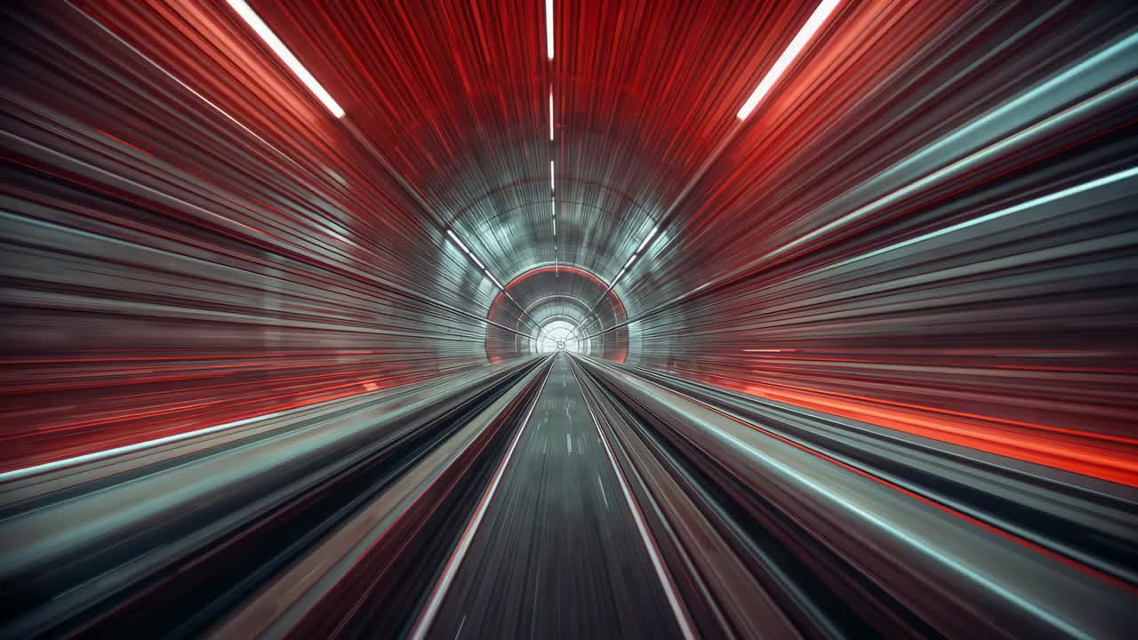 Starting camera moving through metal tunnel under LED lights blurring past red arches toward exit