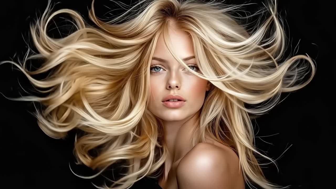 바람에 날아다니는 긴 금발 머리카락을 가진 여자