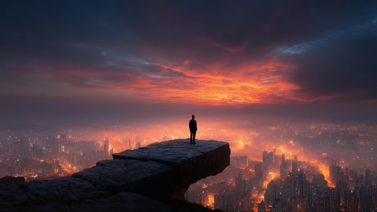A solitary figure stands on a dramatic rocky ledge, overlooking a sprawling cityscape illuminated by the glowing lights of dusk, capturing a moment of stillness and reflection amidst urban grandeur