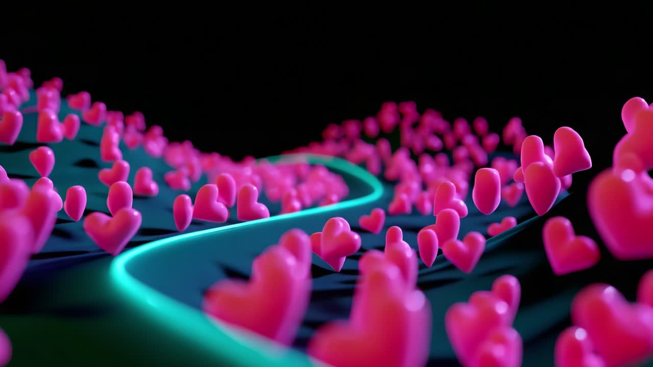 A Magical Journey Through a Vibrant Landscape of Glowing Pink Hearts, Meandering Trails and Lush Textures, Invoking Feelings of Love and Joy in a Playful, Dreamlike Setting with Decorative Elements