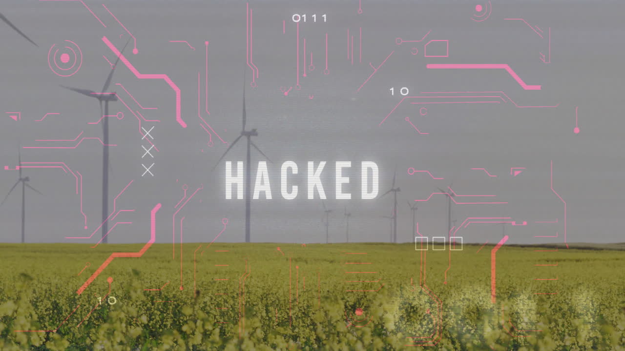 Hacked text animation over wind turbines in vast yellow field