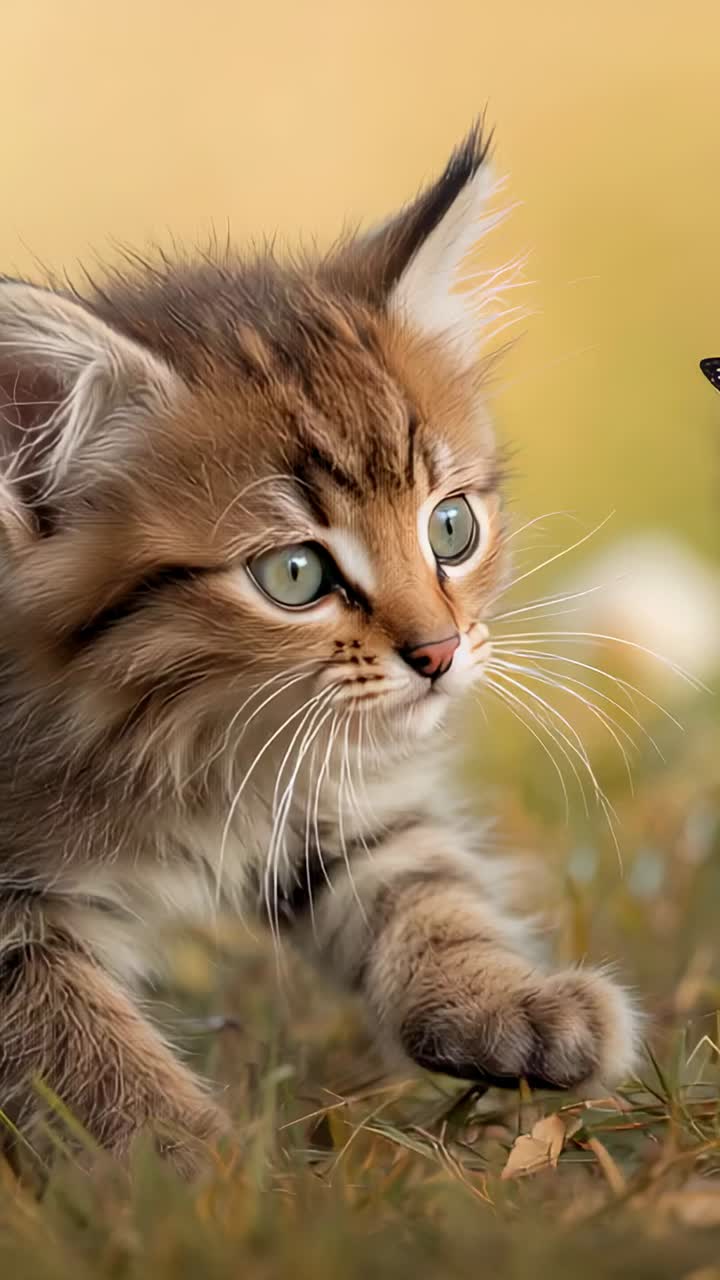 Vertical video: Spotting motion, fluffy tabby kitten crouching and stepping in meadow with whiskers