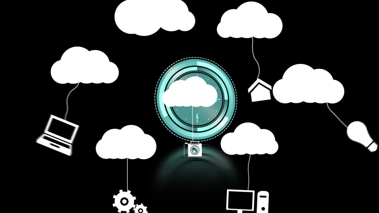 Animation of white clouds with hanging media icons over clock with moving hands on black background