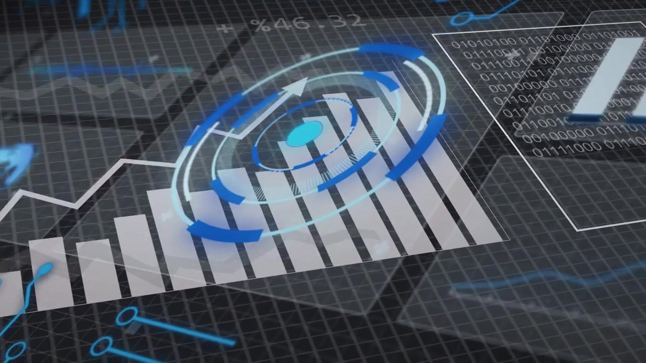 On data feed arrival central HUD spinning, aligning rings with rising bars to show live analytics