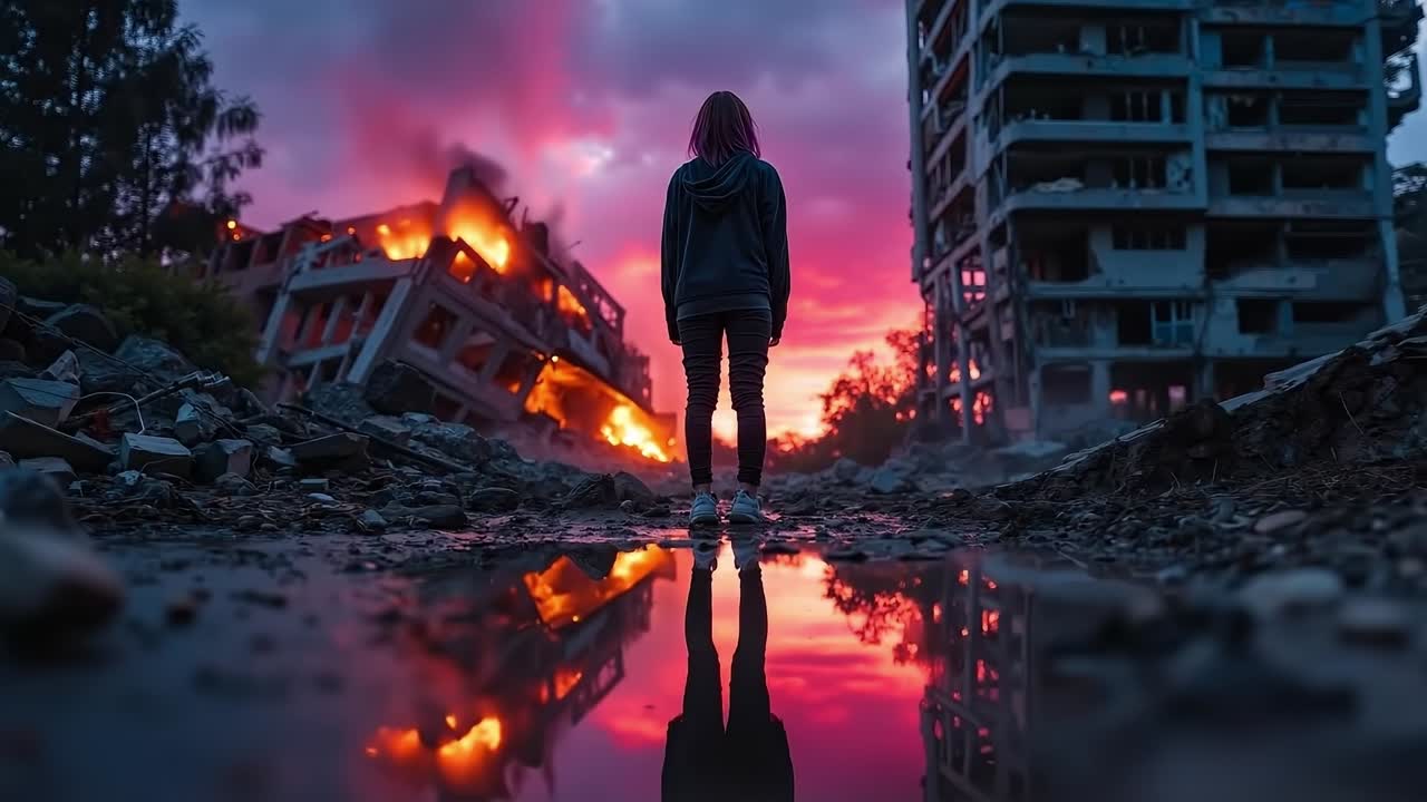A person walking through a destroyed city at sunset