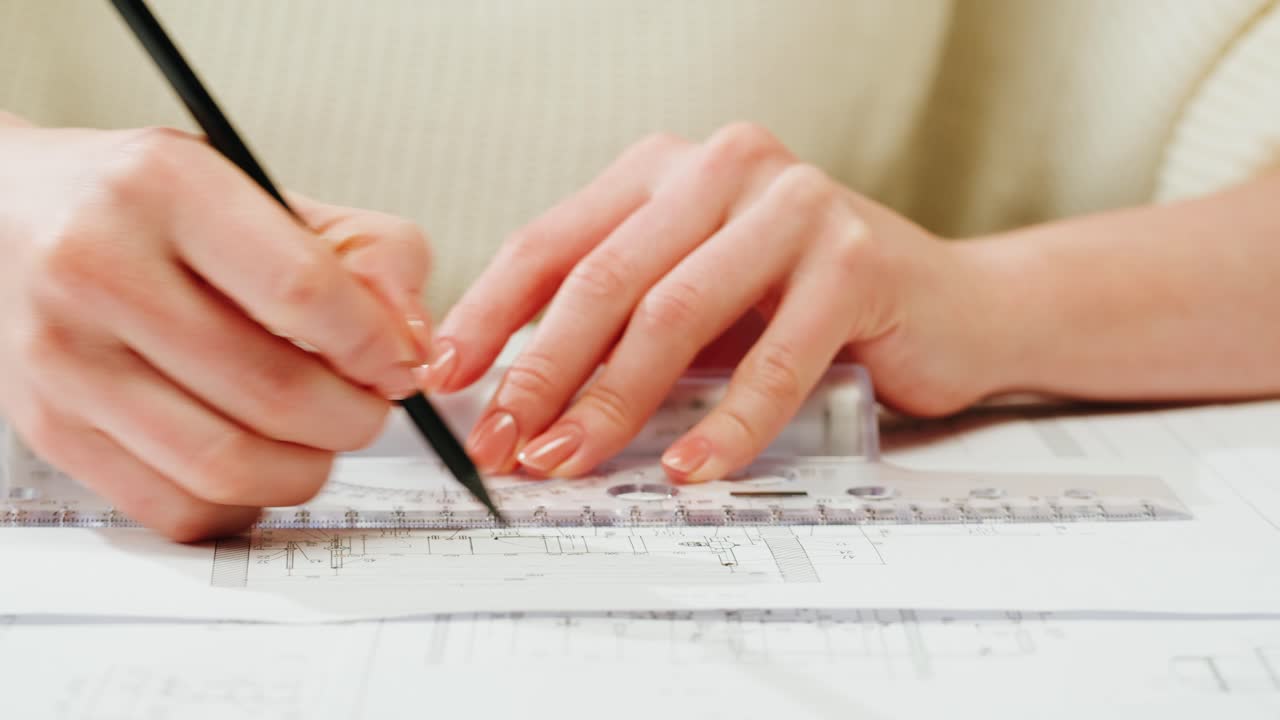 Hands drawing on architectural blueprints with a pencil and ruler