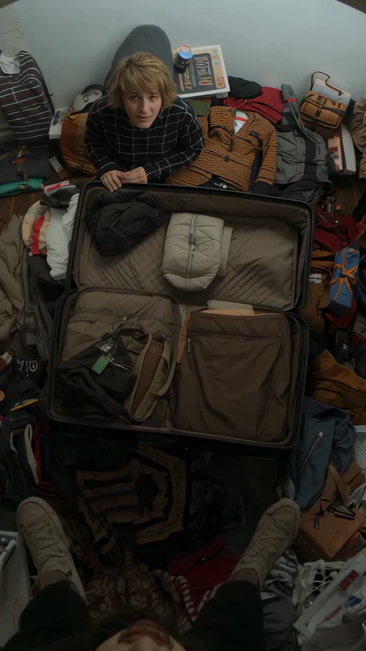 Vertical video: Packing woman in checked top leaning over suitcase at home, preparing for trip