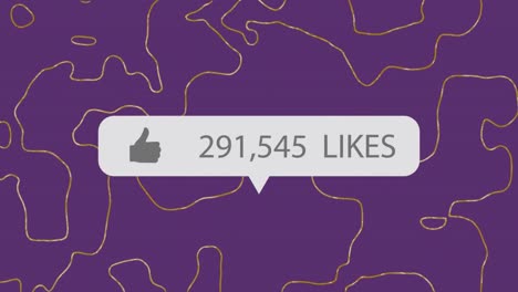 Animation-of-likes-text-and-numbers-with-thumbs-up-on-banner-over-yellow-lines-on-purple-background