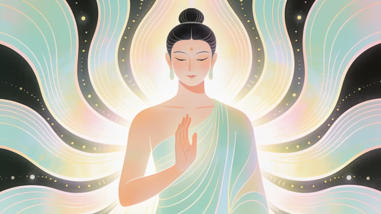 Animazione che inizia con una figura seduta in veste color ottanio che tiene un mudra emettendo un alone con nastri dorati pulsanti
