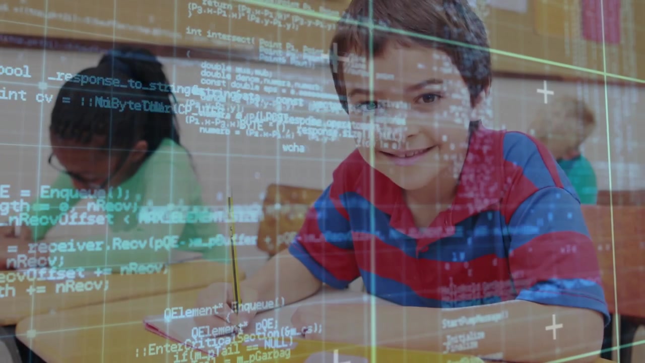 Young Student Writing in Classroom with Digital Data Overlay