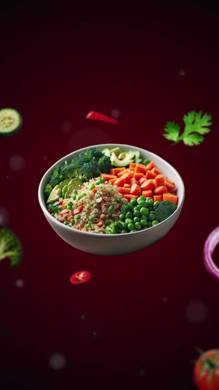 Mixed salad with rice, peas, avocado, onion and broccoli Animation intro for advertising or marketing with the ingredients of the dish flying in the air - vertical video for price tag or sale