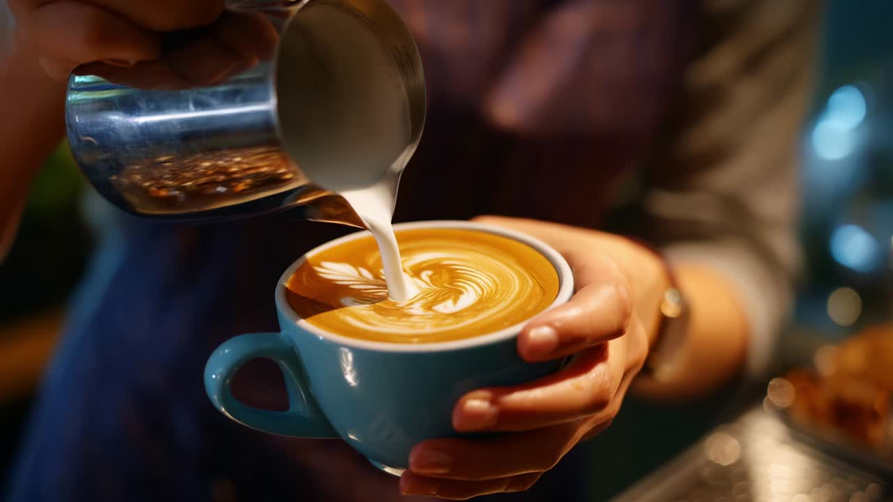 Pouring Latte Art into a Cup of Coffee