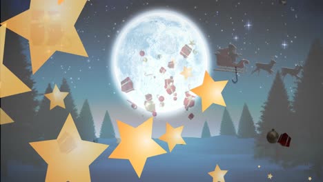 animation of falling golden starsover winter scenery