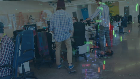 animation of financial data processing over businesspeople in office