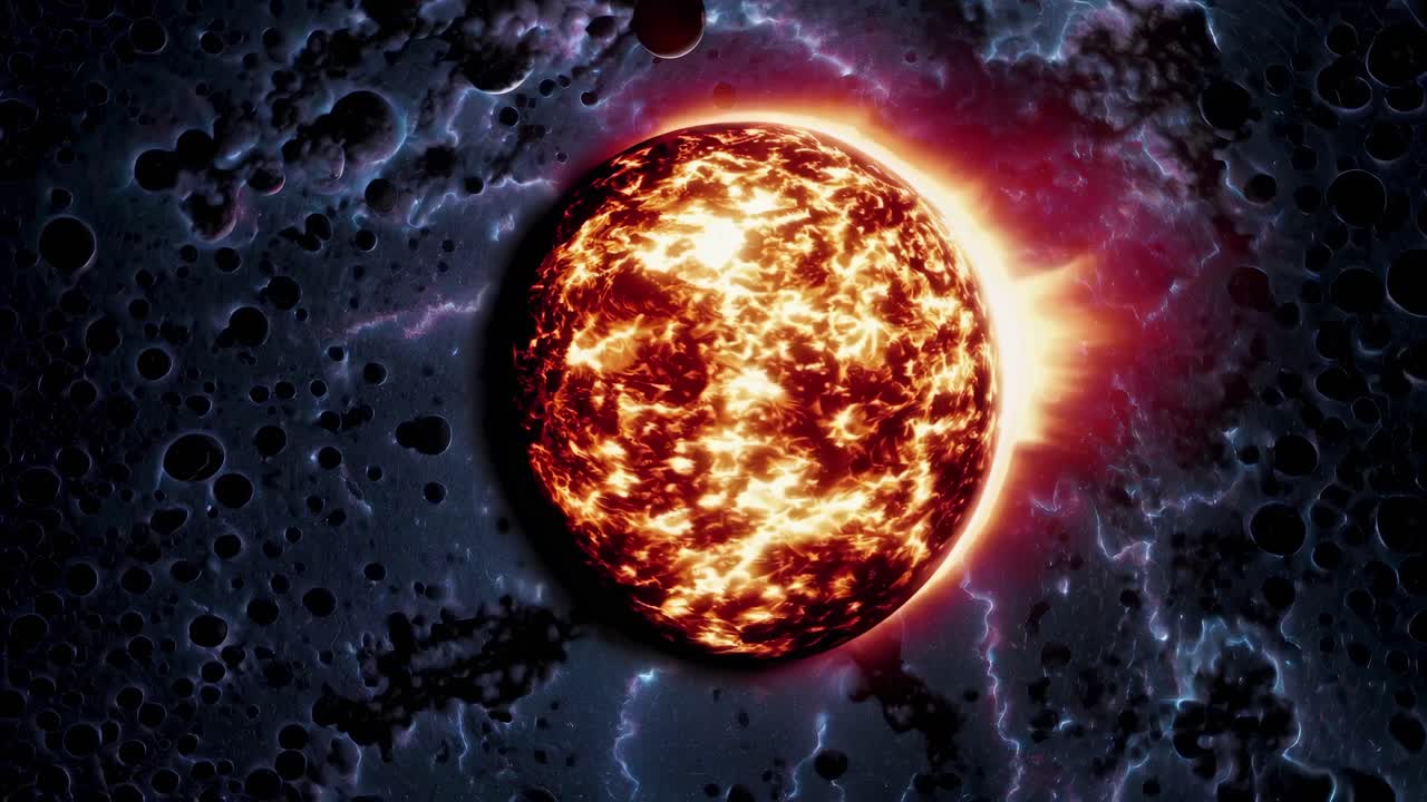 Aerial view of a fiery planet with glowing surface and dark craters, surrounded by electric blue