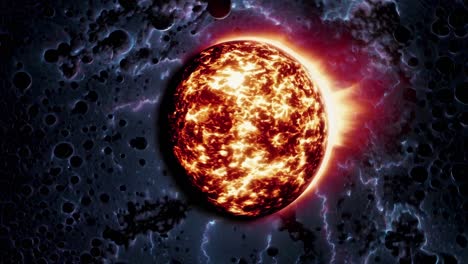 aerial view of a fiery planet with glowing surface and dark craters, surrounded by electric blue