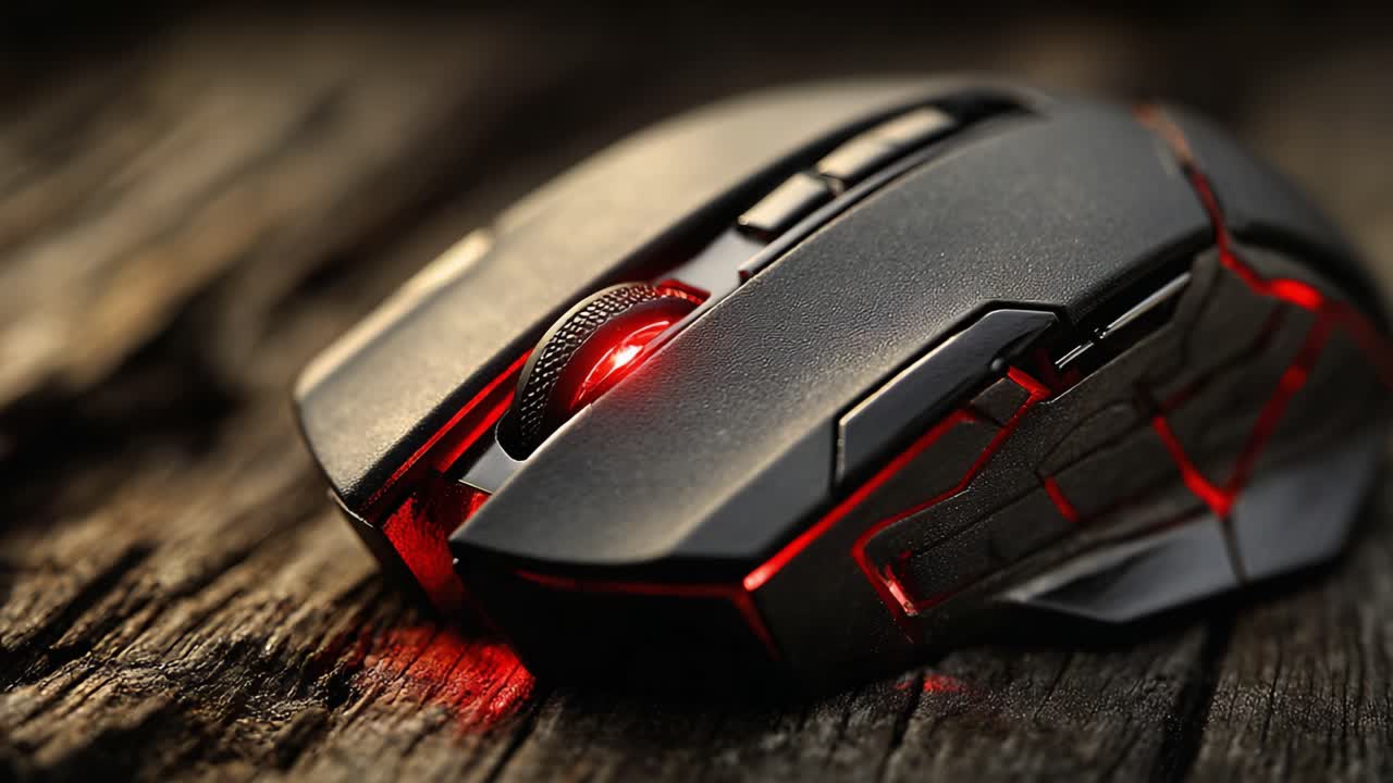 Close-Up View of a High-Performance Gaming Mouse with LED Lighting on a Rustic Wooden Surface