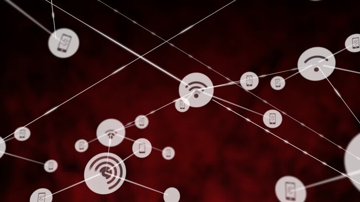 Animation of network of connections with icons over black background
