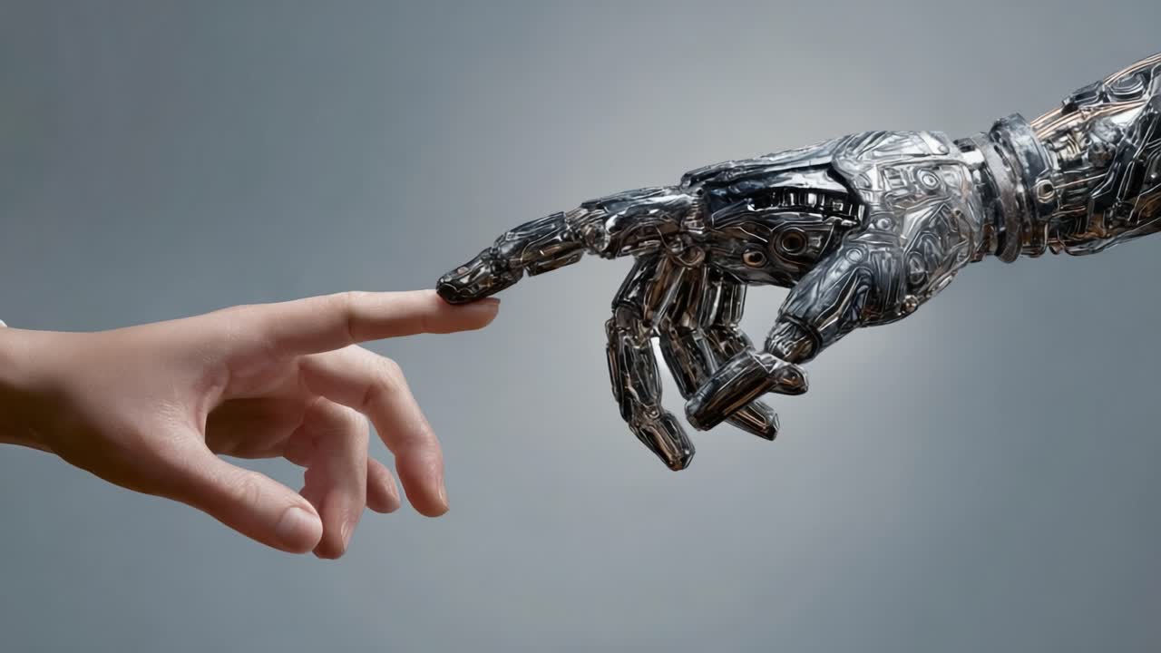 A Captivating Moment: The Convergence of Human Touch and Robotic Intelligence Through the Outstretched Fingers of a Human Hand and a Futuristic Metallic Hand