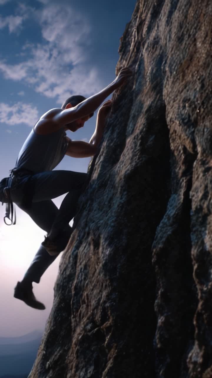 A determined climber ascends a rugged cliffside, showcasing strength, focus, and the spirit of adventure as sunlight fades in the background of this dramatic scene