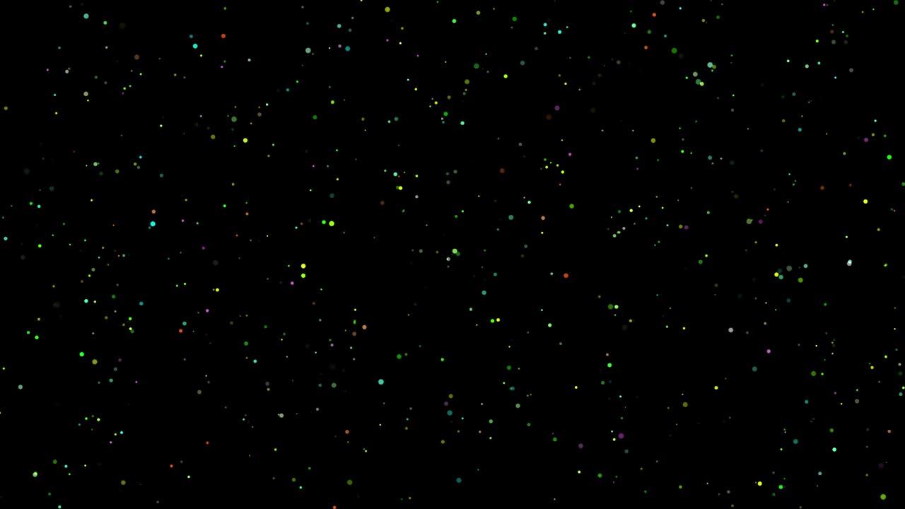 Grafica in movimento con particelle di glitter colorate e brillanti su sfondo notturno