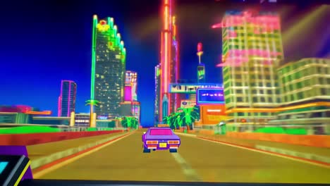 retro futuristic city driving scene