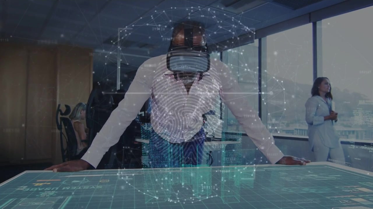Man wearing VR leaning on table activating globe centering fingerprint raising city for design